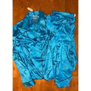 Victoria's Secret Satin Pajama Set Electric Blue Black Piping Large NWT 08155382